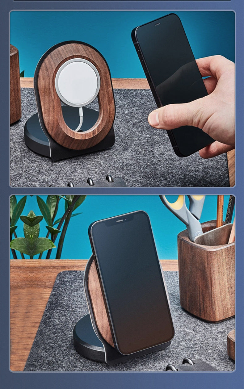 Wooden Desk Shelf Accessories Walnut Wireless Magnetic Charger Wireless Charging Stand For Magsafe